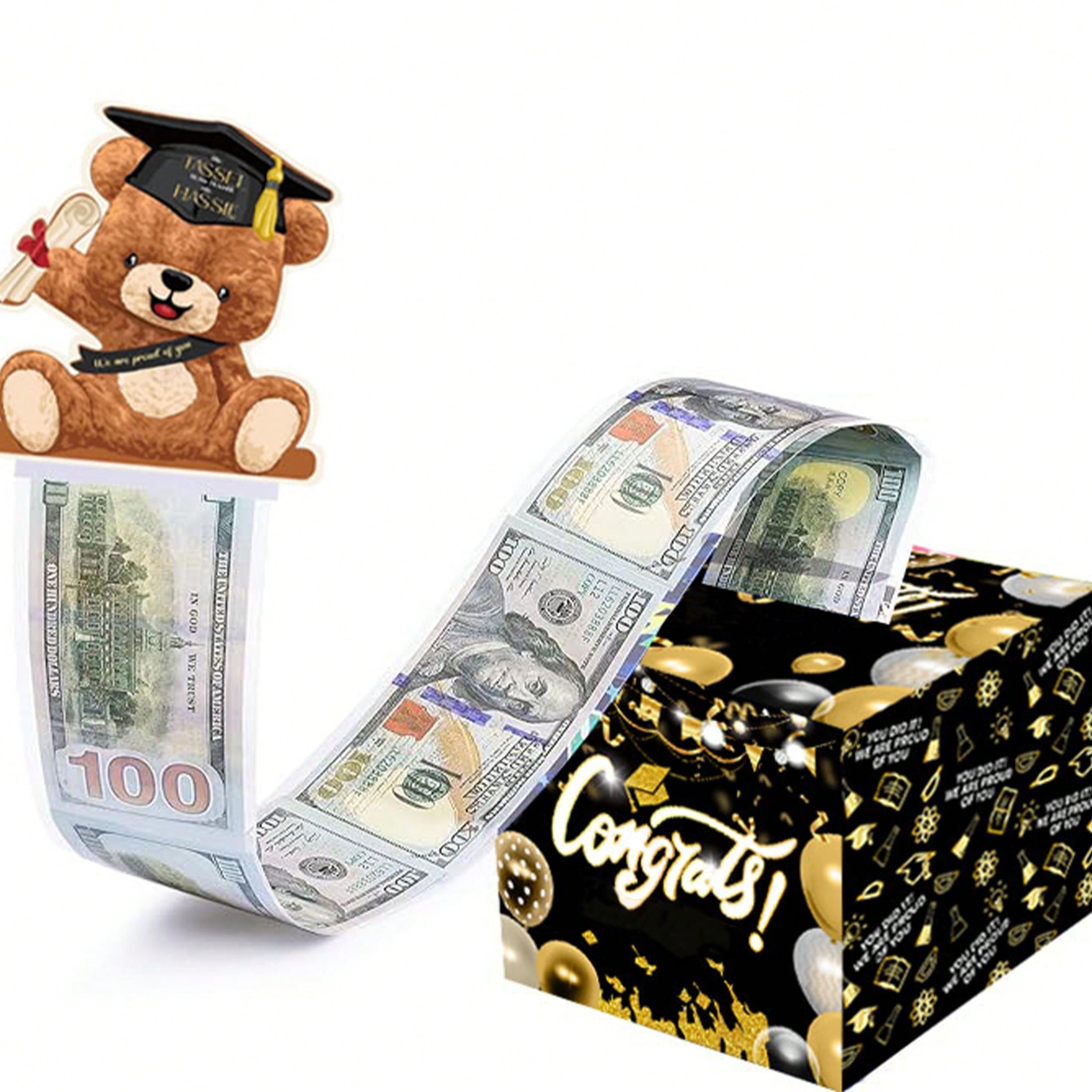 毕业生祝福金钱盒收纳盒,可爱小熊款现金礼物盒,大学高中毕业派对礼物,毕业装饰"我们为你感到骄傲"附50个塑料袋-派对盒