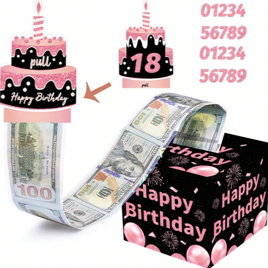 粉色生日现金礼盒,拉出卡片和50个透明袋DIY套装,给父母、情侣、朋友的有趣现金礼物
