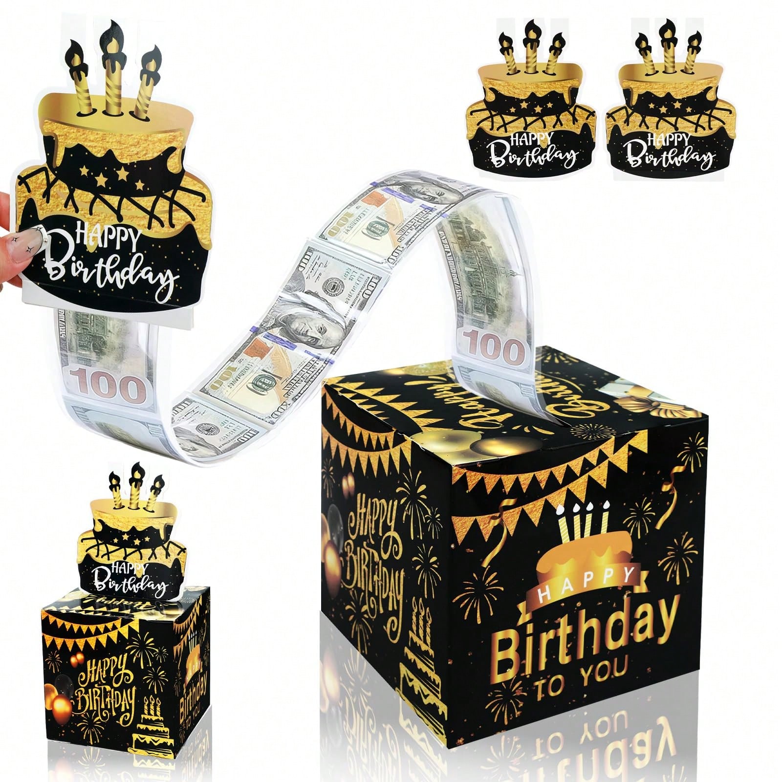 生日现金礼盒，惊喜生日抽钱盒，黑金生日惊喜套装，含0-9 DIY数字，适用于女士、男士、男孩、女孩的现金礼品，生日派对装饰用品