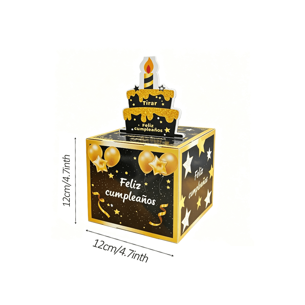 生日惊喜金钱礼盒 - 金黑蛋糕主题“生日快乐”附拉卡，适合派对和礼品