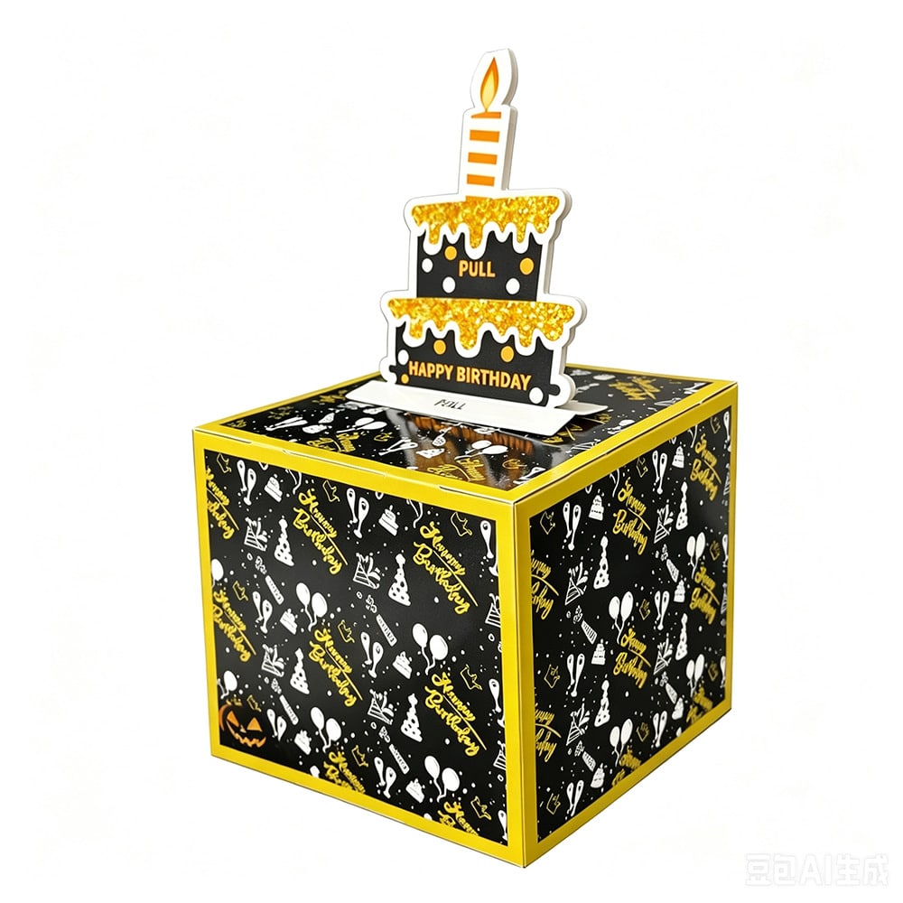黑金生日惊喜抽钱礼盒 - 蛋糕蜡烛插牌现金抽拉盒，带派对图案，生日派对与礼物的理想选择
