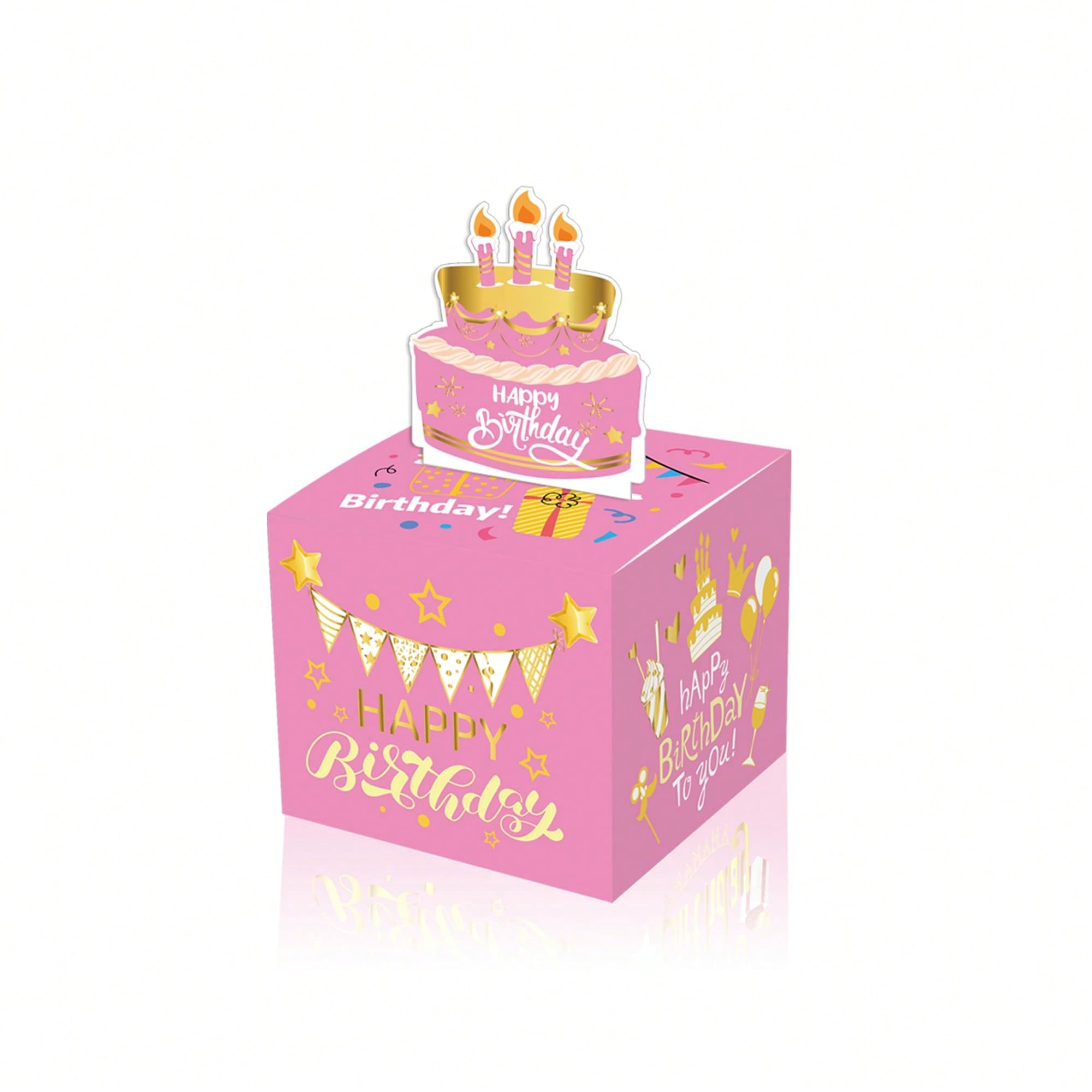 Birthday-themed surprise money-pulling gift box (Pink Version), including a savings box with an extractable "Happy Birthday" greeting card and a transparent packaging bag, ideal for parties, various celebrations and gift-giving.